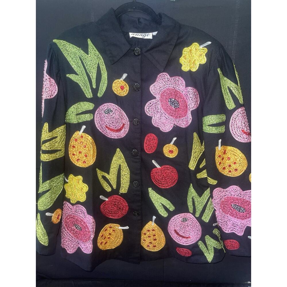 Vintage Anage Black Oversized Jacket Blazer Fruit Floral Button SZ Large Y2K